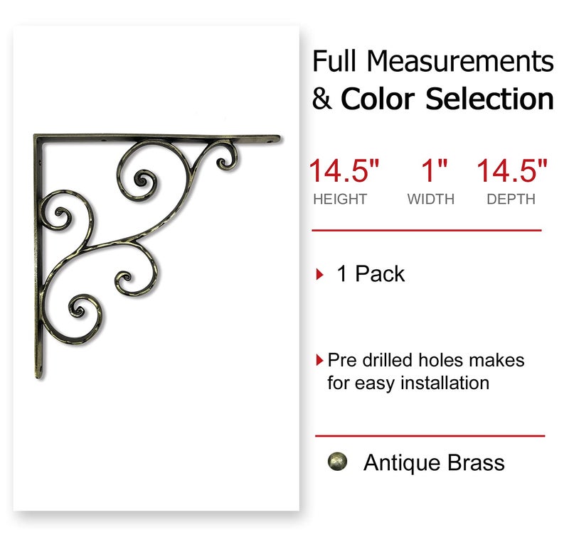 NACH Decorative Shelf Brackets, 1 Pack of 14.5 x 1 x 14.5 inch, Black Cast Iron Shelving Brackets - Metal Shelf Brackets for Wall - Victorian Scroll Shelf Bracket - Image 2